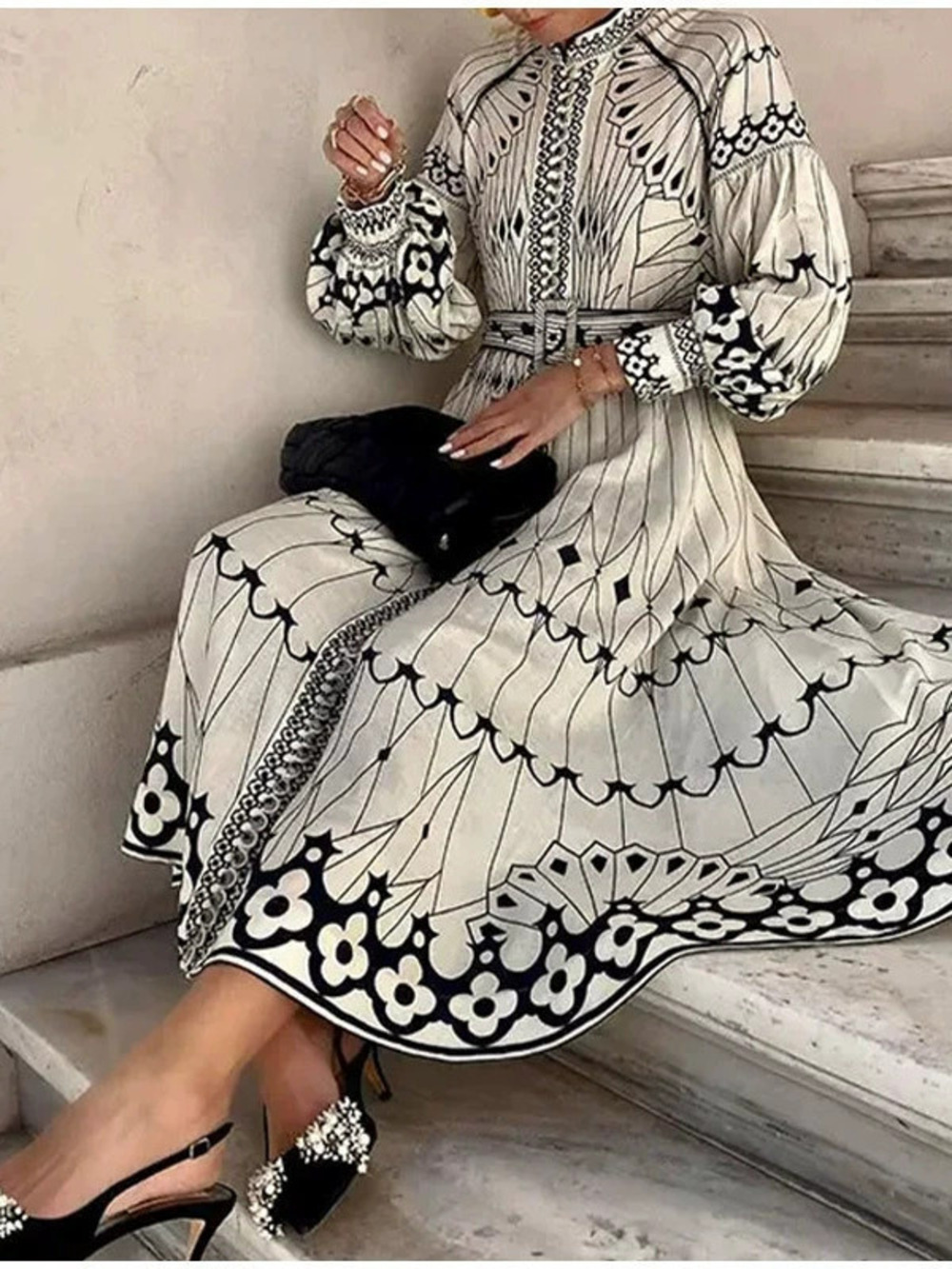 Elegant Palace Style Long Sleeve Floral Print Flared Spring Dress for Women - Picture 6 of 6
